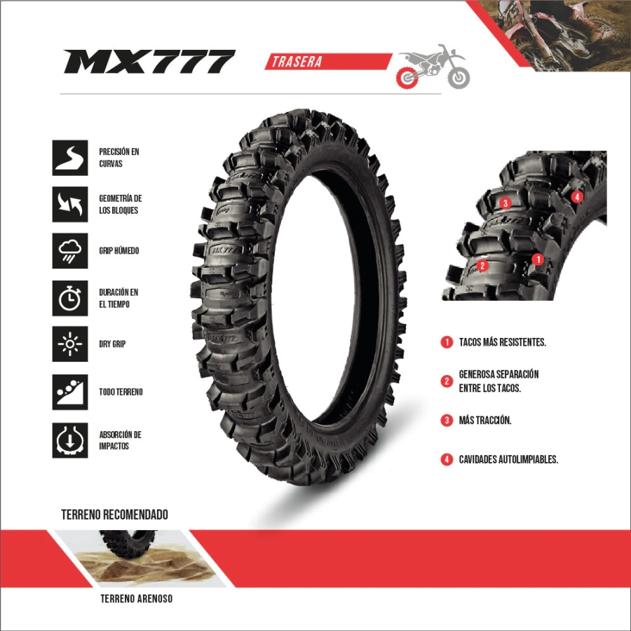 Cubierta Borilli Trasera ARENA MX 777 110/90-19 MEDIUM SOFT (cubierta PALA)