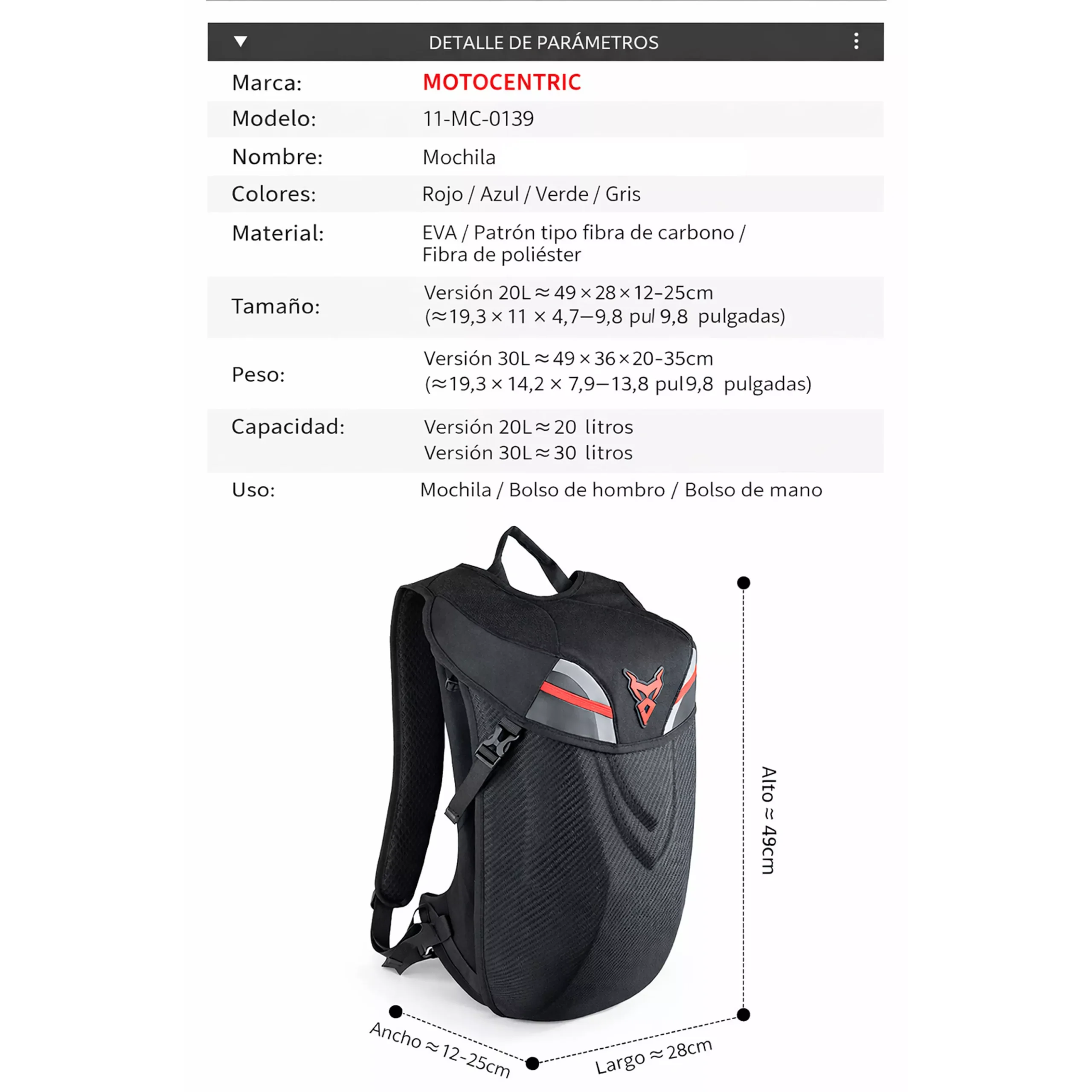Mochila Semi Rigida Motocentric 30L - 0139 - Imagen 8